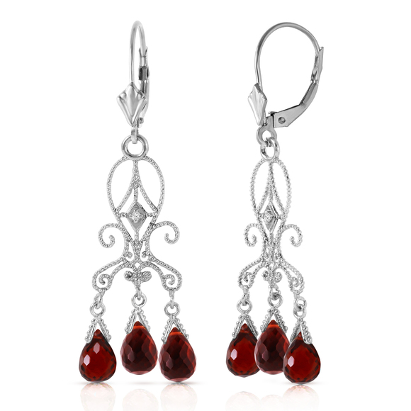 14K. GOLD CHANDELIERS DIAMONDS EARRING WITH GARNETS (White Gold) - Picture 3 of 3